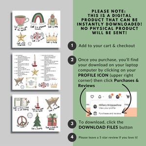 May include: A digital printable set of 12 Christmas-themed illustrations with Bible verses. The illustrations feature a variety of Christmas symbols, including a manger, a star, a candle, a Christmas tree, and a gift. The text in the image reads "God is the joy of the world", "God is a promise keeper", "God is holy", "God is the light of the world", "God is humble", "God is omniscient, He is all knowing", "God is peace on earth", "God is mighty", "God is with me always".