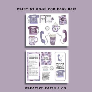 May include: Digital print with illustrations of telephones, mugs, and notepads in purple and white. Text includes "Print at Home for Easy Use!", "Pray", and "Creative Faith & Co."