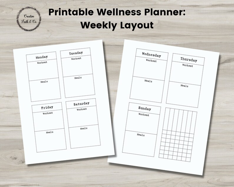 May include: Printable weekly wellness planner with sections for workout and meals for each day of the week. The Sunday section has a grid for additional notes.