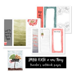 May include: A set of printable traveler's notebook pages with watercolor backgrounds and hand-lettered text. The pages feature quotes about spring, faith, and prayer. The text includes "bind my wandering heart to Thee", "Spring forth A new thing", "Seasons of prayer", and "Time for new life!"
