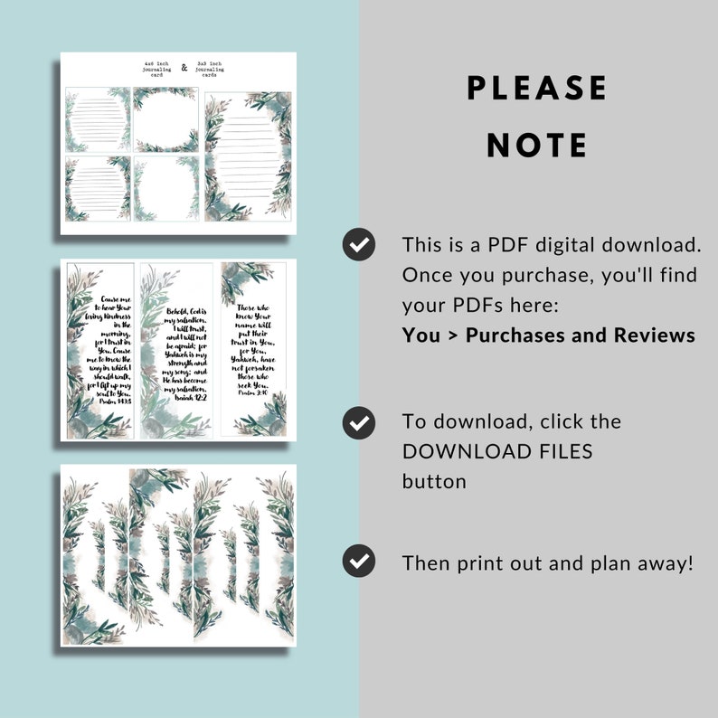 Pode incluir: Download digital imprim&iacute;vel de um planejador com um design floral em aquarela. O planejador inclui p&aacute;ginas com vers&iacute;culos b&iacute;blicos e p&aacute;ginas em branco para escrever. O texto na imagem diz "Por favor, note: Esta &eacute; uma descarga digital PDF. Depois de comprar, voc&ecirc; encontrar&aacute; seus PDFs aqui: Voc&ecirc; > Compras e avalia&ccedil;&otilde;es. Para baixar, clique no bot&atilde;o BAIXAR ARQUIVOS. Ent&atilde;o imprima e planeje!"
