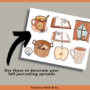 May include: A set of nine fall-themed digital stickers featuring illustrations of a pot of apple cider, a mug of hot apple cider, an apple, a book, a window with curtains, and a journal. The stickers are perfect for adding a touch of autumn to your planner, journal, or scrapbook.