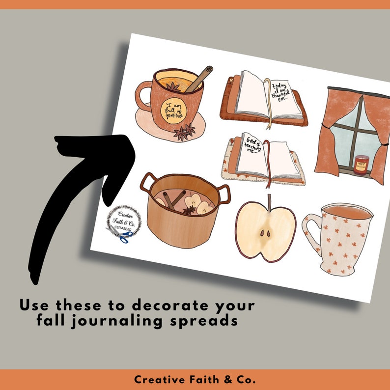 May include: A set of nine fall-themed digital stickers featuring illustrations of a pot of apple cider, a mug of hot apple cider, an apple, a book, a window with curtains, and a journal. The stickers are perfect for adding a touch of autumn to your planner, journal, or scrapbook.