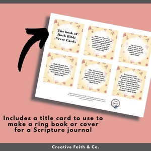 K&ouml;nnte beinhalten: Ein druckbarer Satz gelber und rosa Bibelkarten mit Versen aus dem Buch Ruth. Die Titelkarte lautet "The book of Ruth Bible Verse Cards".