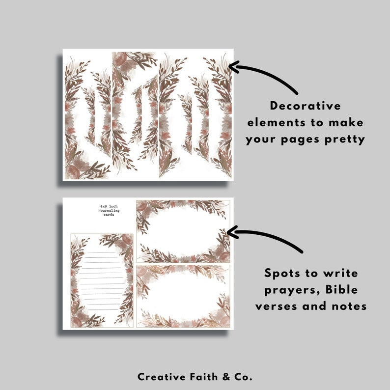May include: Printable journaling cards with floral borders and space to write prayers, Bible verses, and notes. The cards feature a neutral color palette of brown and beige.