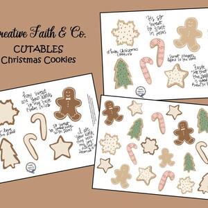 May include: Printable Christmas cookie cutouts with Bible verses. The cutouts include a gingerbread man, a candy cane, a star, a snowflake, and a Christmas tree. The text on the cutouts includes verses from Psalms 34:8 and 119:103.