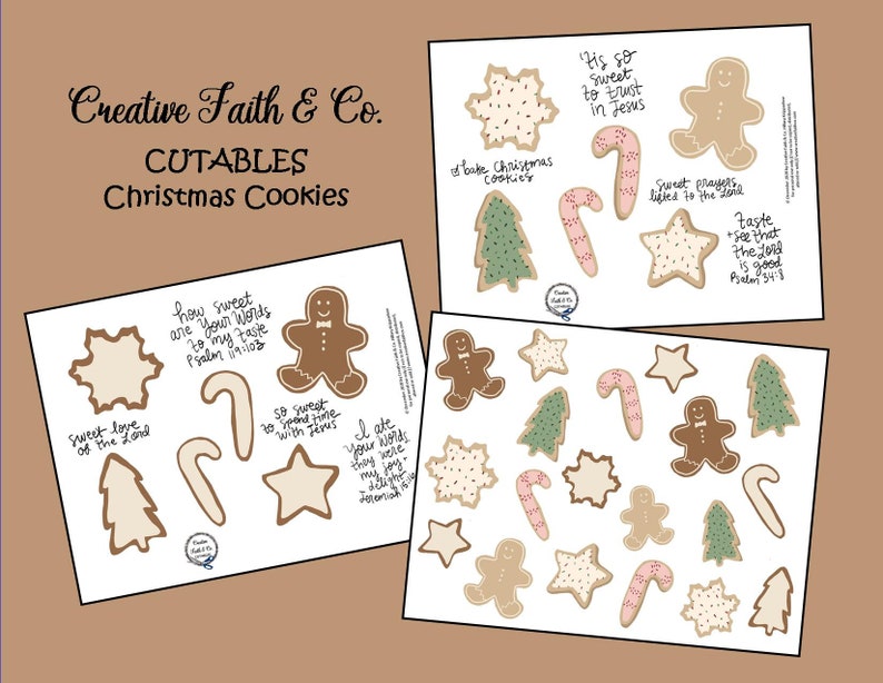 May include: Printable Christmas cookie cutouts with Bible verses. The cutouts include a gingerbread man, a candy cane, a star, a snowflake, and a Christmas tree. The text on the cutouts includes verses from Psalms 34:8 and 119:103.