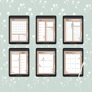May include: Six digital planner pages with a floral theme. The pages include a monthly calendar, weekly planner, daily planner, meal planner, goal planner, and yearly overview.