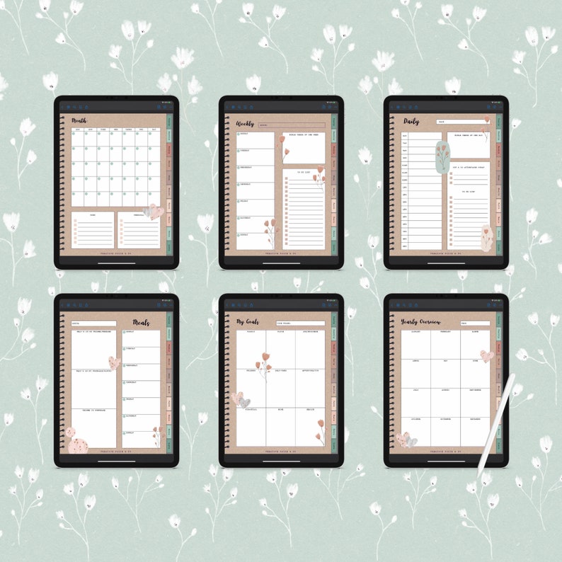May include: Six digital planner pages with a floral theme. The pages include a monthly calendar, weekly planner, daily planner, meal planner, goal planner, and yearly overview.