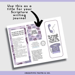 May include: A Scripture writing journal with a purple and white design. The journal includes text that reads "40 Days of Prayer Stories in the Old Testament" and "Elohim Shama: The God Who Hears." It also features a telephone illustration and the text "He answered their prayers because they trusted in Him. 1 Chronicles 5:20."