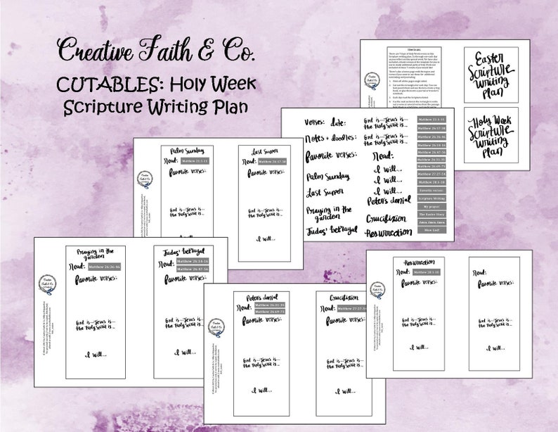 May include: Printable Holy Week Scripture Writing Plan cut-out cards with a watercolor background. The cards are white with black text and include titles like "Palm Sunday", "Last Supper", "Praying in the Garden", "Judas' Betrayal", "Peter's Denial", "Crucifixion", and "Resurrection".