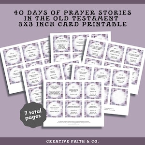 May include: A collection of printable cards with the text "40 Days of Prayer Stories in the Old Testament." Each card is 3x3 inches and features a different prayer story. The cards are arranged on a purple background.