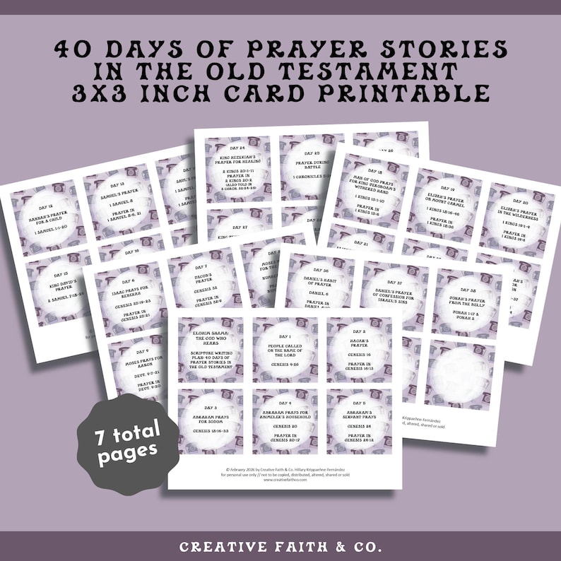 May include: A collection of printable cards with the text "40 Days of Prayer Stories in the Old Testament." Each card is 3x3 inches and features a different prayer story. The cards are arranged on a purple background.