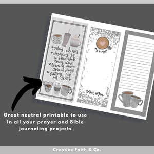 May include: Printable journal page with a grey and white background featuring a quote about choosing to be thankful every day. The page includes a space for writing prayers and a lined section for journaling. The design includes illustrations of coffee cups.