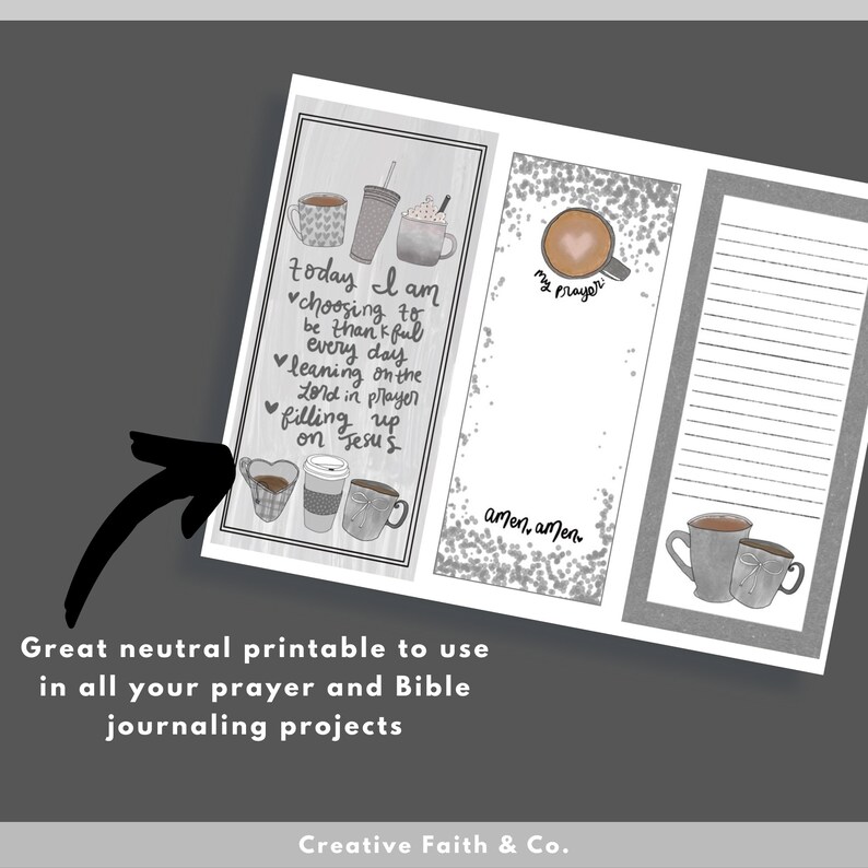 May include: Printable journal page with a grey and white background featuring a quote about choosing to be thankful every day. The page includes a space for writing prayers and a lined section for journaling. The design includes illustrations of coffee cups.