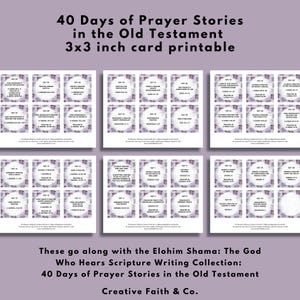 May include: A printable card set with the text "40 Days of Prayer Stories in the Old Testament." The cards are 3x3 inches. The set includes cards with various prayers and scripture references. The text "Creative Faith & Co." is also visible.
