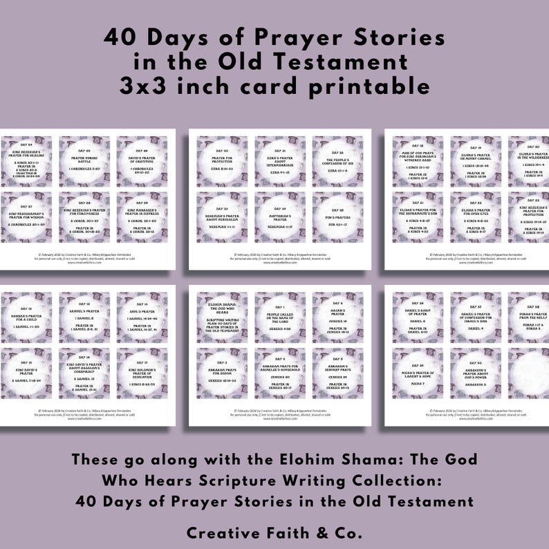 May include: A printable card set with the text "40 Days of Prayer Stories in the Old Testament." The cards are 3x3 inches. The set includes cards with various prayers and scripture references. The text "Creative Faith & Co." is also visible.