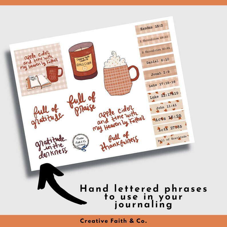 May include: A set of printable stickers with hand-lettered phrases like "full of gratitude" and "apple cider and time with my Heavenly Father". The stickers are designed in a fall theme with orange, brown, and white colors. The stickers are perfect for journaling and adding a personal touch to your planner or notebook.