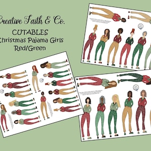 Peut inclure: Des découpes de poupées en papier imprimables de filles portant des pyjamas de Noël rouges et verts. Le titre "CUTABLES Christmas Pajama Girls Red/Green" est en haut de la page.