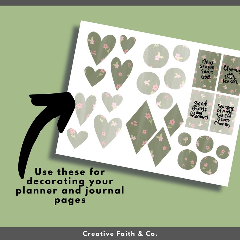 May include: Printable planner stickers with floral designs in shades of green and pink. The stickers include hearts, circles, diamonds, and squares. The text on the stickers reads "New season, same God" and "Good things are blooming".