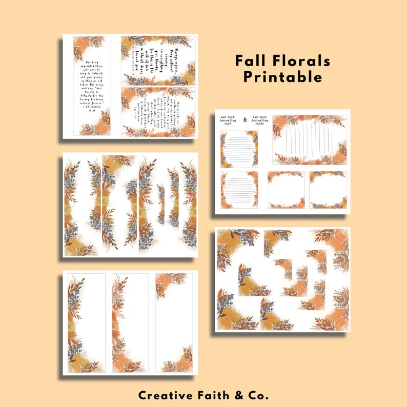 May include: Printable fall floral themed journal pages with borders and text boxes. The pages feature a watercolor style with brown, orange, and blue colors. The text on the page reads "Fall Florals Printable" and "And Each Jouranling Card".