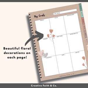 May include: A brown spiral bound goal planner with a floral design and the text "My Goals". The planner is divided into sections for different areas of life, such as family, friends, faith, self-care, adventure/fun, financial, home, health, and job/business. The planner also includes a time frame section for yearly, monthly, weekly, daily, and monthly goals.