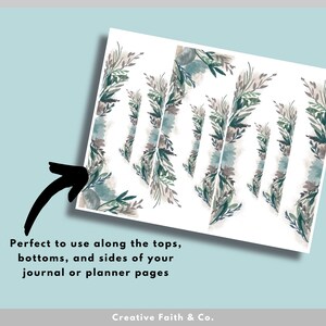 Pode incluir: Papel digital imprim&iacute;vel com um padr&atilde;o repetitivo de bordas florais em aquarela em tons de azul, verde e marrom. O texto "Perfect to use along the tops, bottoms, and sides of your journal or planner pages" e "Creative Faith & Co." est&aacute; inclu&iacute;do na imagem.