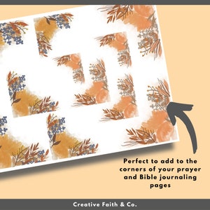 May include: A set of digital corner stickers featuring a watercolor floral design in shades of orange, brown, and blue. The stickers are perfect for adding a touch of whimsy to prayer journals and Bible journaling pages. The text "Creative Faith & Co." is included in the image.