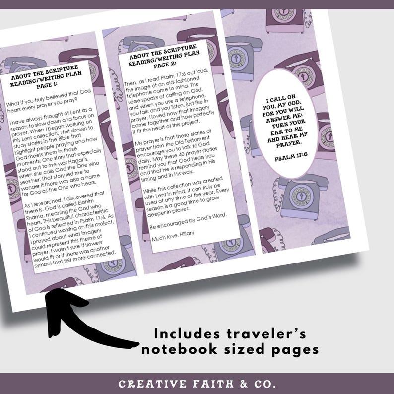 May include: A notebook-sized reading and writing plan with text about prayer. The pages feature a repeating pattern of vintage telephones in purple and white. The text includes the phrase "I call on you, my God, for you will answer me."