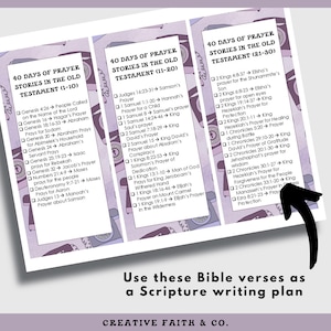 May include: A printed sheet with three sections listing Bible verses for a 40-day prayer plan. The text includes titles like "40 Days of Prayer Stories in the Old Testament" and "Use these Bible verses as a Scripture writing plan."