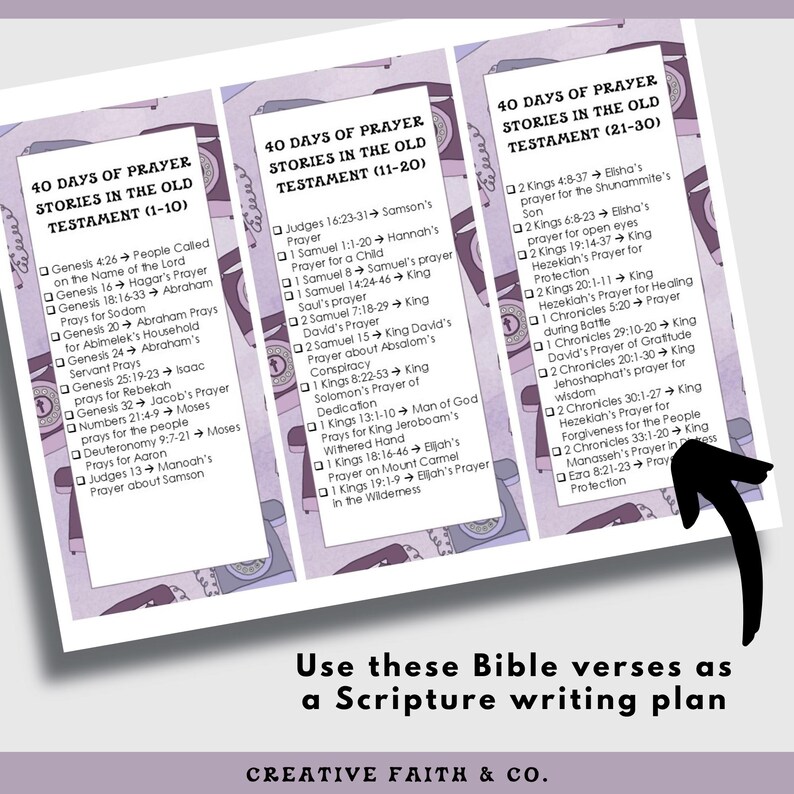May include: A printed sheet with three sections listing Bible verses for a 40-day prayer plan. The text includes titles like "40 Days of Prayer Stories in the Old Testament" and "Use these Bible verses as a Scripture writing plan."