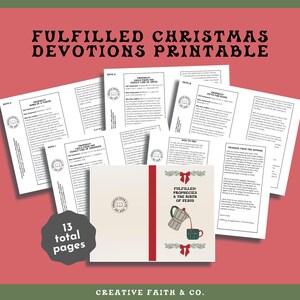 Puede incluir: Un conjunto de devocionales navideños imprimibles con el título "FULFILLED CHRISTMAS DEVOTIONS PRINTABLE". La portada presenta una ilustración de una cafetera y una taza. El conjunto incluye 13 páginas.