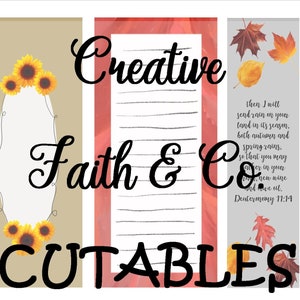 Puede incluir: Un conjunto de tres pegatinas digitales imprimibles para planificadores con un tema oto&ntilde;al con hojas, un tema de girasol y una cita b&iacute;blica. El texto de la pegatina dice "Creative Faith & Co. CUTABLES".