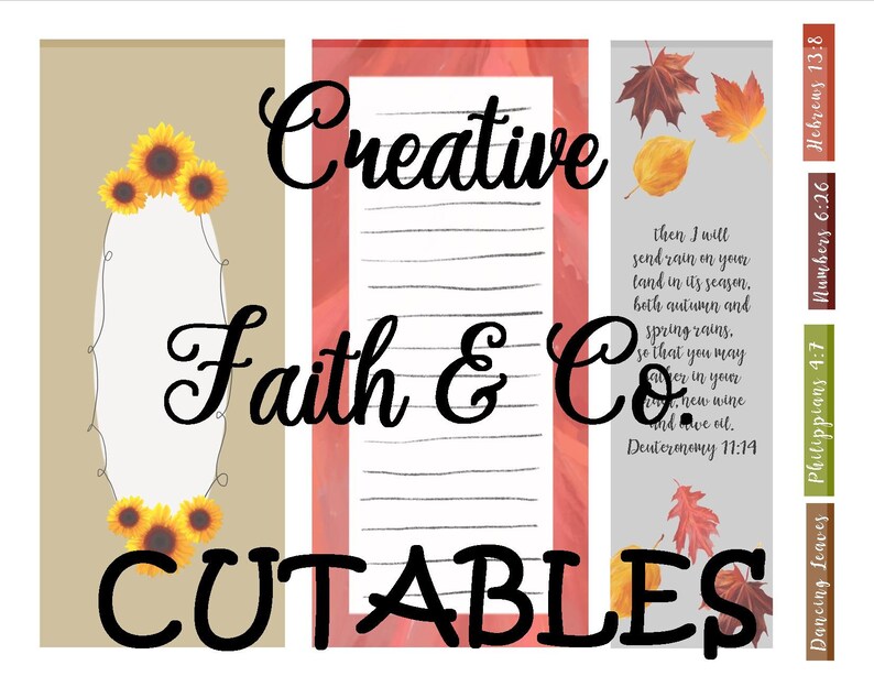 Puede incluir: Un conjunto de tres pegatinas digitales imprimibles para planificadores con un tema oto&ntilde;al con hojas, un tema de girasol y una cita b&iacute;blica. El texto de la pegatina dice "Creative Faith & Co. CUTABLES".