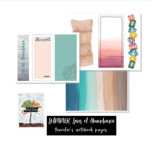 May include: A set of printable digital planner pages with watercolour designs. The pages feature a variety of designs, including a tree with the text "No seasons of my life", a pink and blue ombre background, a teal background with a tree design, a tan and blue ombre background, a pink and white ombre background, a tan and brown ombre background, a white background with the text "See His Abundance", a white background with the text "Prayer is the key", and a white background with the text "Amen".