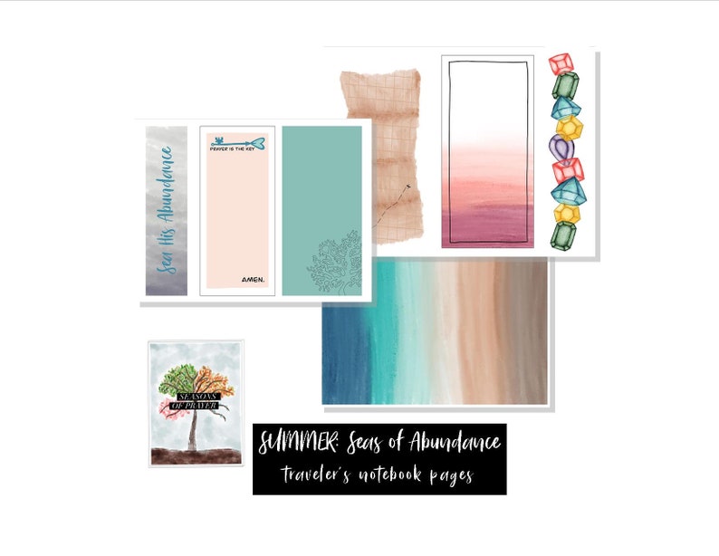 May include: A set of printable digital planner pages with watercolour designs. The pages feature a variety of designs, including a tree with the text "No seasons of my life", a pink and blue ombre background, a teal background with a tree design, a tan and blue ombre background, a pink and white ombre background, a tan and brown ombre background, a white background with the text "See His Abundance", a white background with the text "Prayer is the key", and a white background with the text "Amen".