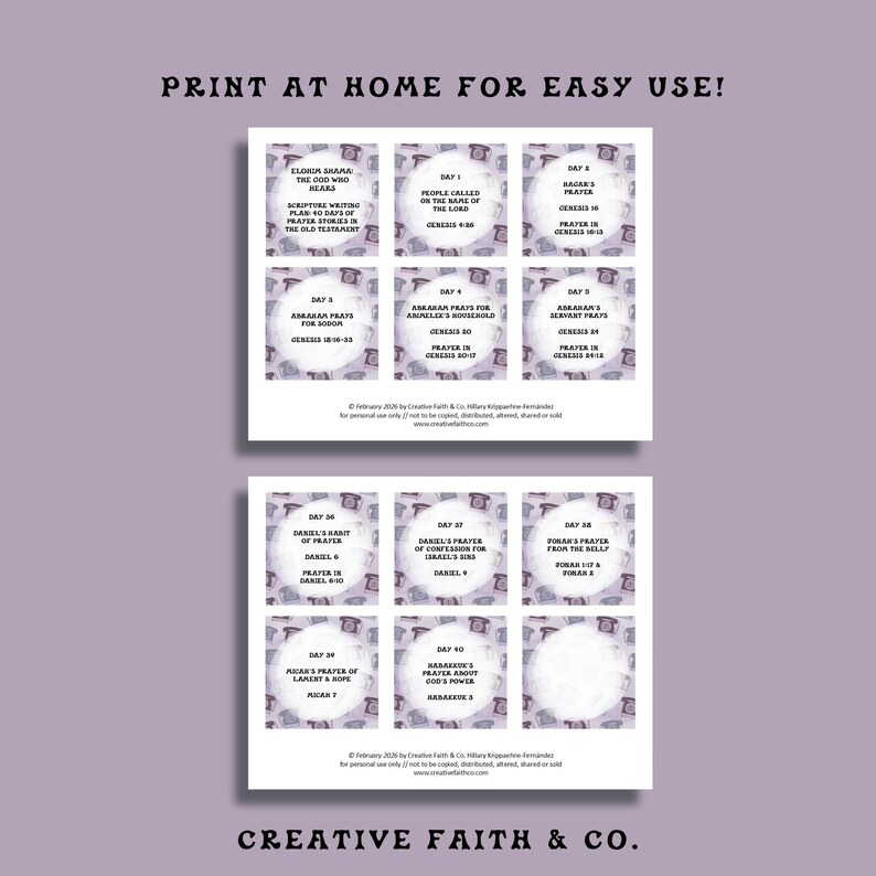 May include: Printable prayer cards with text like "People Called on the Name of the Lord" and "Daniel's Prayer of Confession for Israel". The cards are arranged in a grid on a purple background.