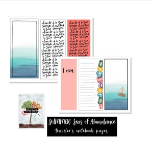 May include: A set of printable traveller's notebook pages with a summer theme. The pages feature a watercolour background with a sailboat, a tree with leaves in different colours, and a quote that says "I can do all things through Christ who strengthens me".