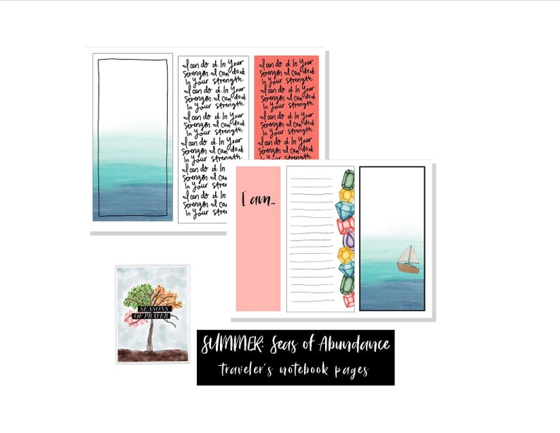 May include: A set of printable traveller's notebook pages with a summer theme. The pages feature a watercolour background with a sailboat, a tree with leaves in different colours, and a quote that says "I can do all things through Christ who strengthens me".