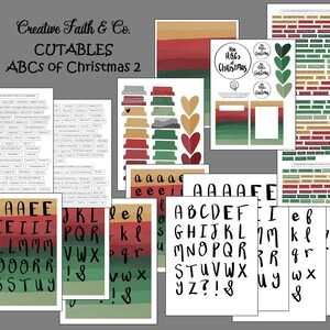 May include: A selection of Christmas-themed printable cutables, with lettering, labels, and decorative elements. The designs use red, green, and gold. The text includes "Creative Faith & Co." and "ABCs of Christmas 2".