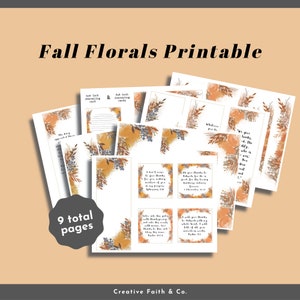 May include: Printable set of 9 pages featuring fall floral designs with inspirational quotes and scripture verses. The pages are perfect for journaling, card making, or scrapbooking.
