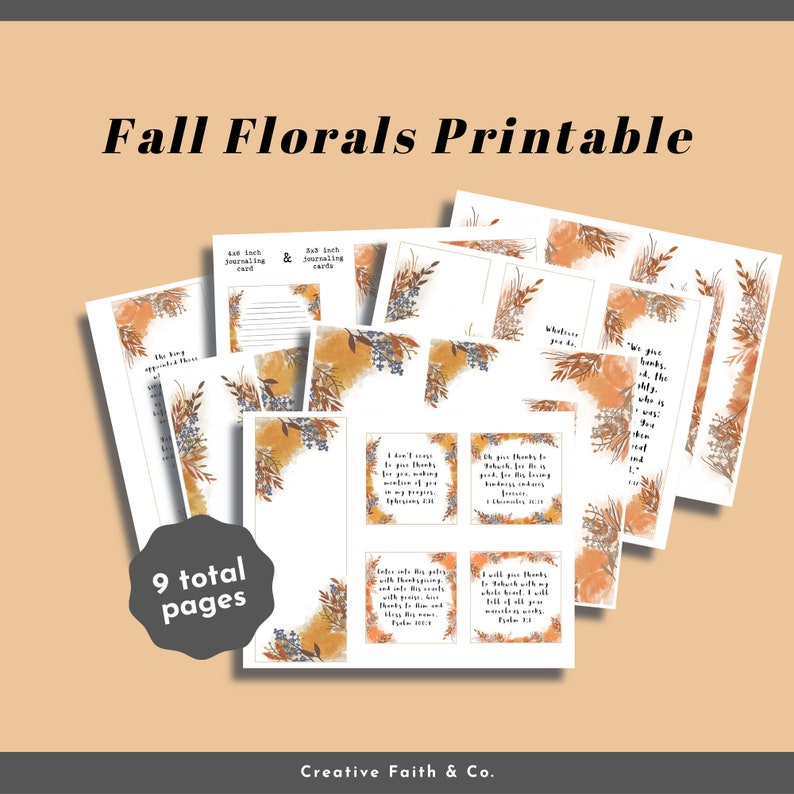 May include: Printable set of 9 pages featuring fall floral designs with inspirational quotes and scripture verses. The pages are perfect for journaling, card making, or scrapbooking.