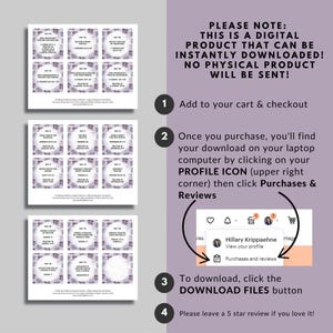 May include: Digital download product with a purple and white floral design. The product includes multiple cards with text, including instructions on how to download the digital product. The text on the cards includes Bible verses.