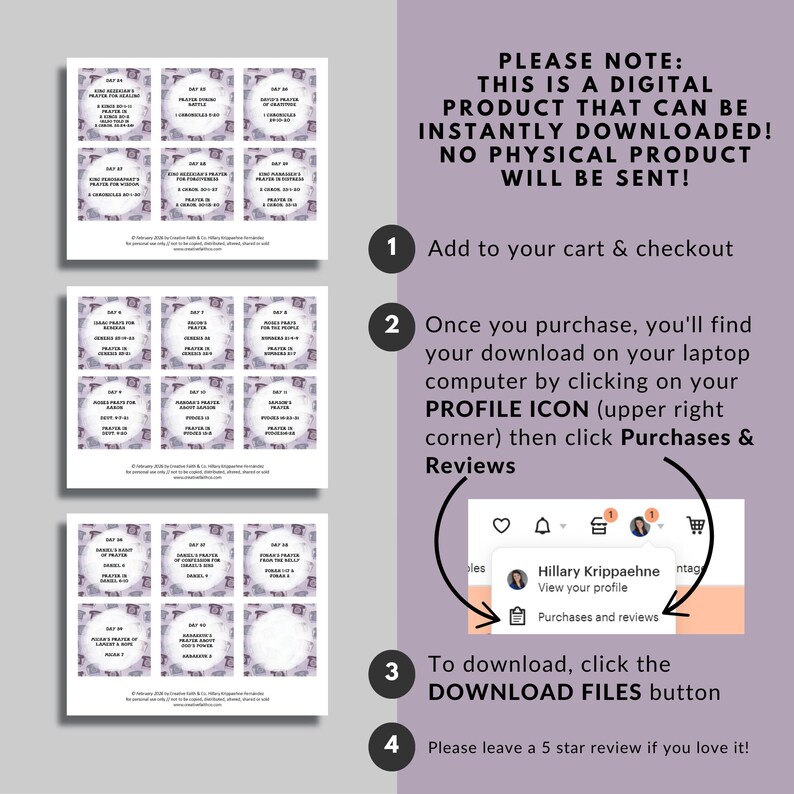 May include: Digital download product with a purple and white floral design. The product includes multiple cards with text, including instructions on how to download the digital product. The text on the cards includes Bible verses.