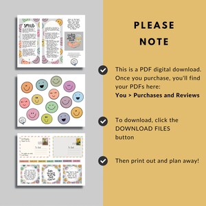 May include: Digital download featuring printable smiley face designs and inspirational quotes. Includes a trifold brochure with the word "SMILE", postcards, and various smiley face illustrations in multiple colors. The text "PLEASE NOTE" is also visible.