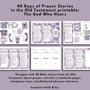 May include: A printable set titled "40 Days of Prayer Stories in the Old Testament." The design features telephone illustrations, traveler's notebook pages, and hand-lettered phrases. The text reads "The God Who Hears" and "Creative Faith & Co."