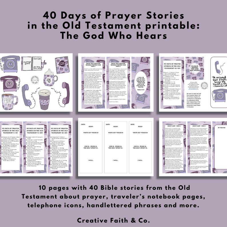 May include: A printable set titled "40 Days of Prayer Stories in the Old Testament." The design features telephone illustrations, traveler's notebook pages, and hand-lettered phrases. The text reads "The God Who Hears" and "Creative Faith & Co."