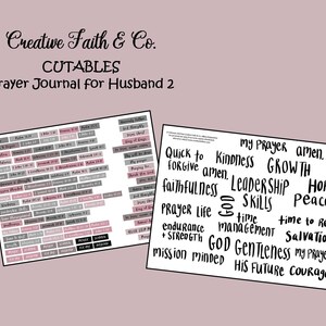 May include: A set of printable stickers for a prayer journal. The stickers are in shades of pink and gray and feature bible verses and inspirational words. The words on the stickers include "My Prayer", "Quick to Forgive", "Faithfulness", "Prayer Life", "Endurance", "Mission Minded", "Kindness", "Growth", "Leadership", "Skills", "Time", "Management", "God", "Gentleness", "His Future", "Hope", "Peace", "Time to Rest", "Salvation", "My Prayer", and "Courage".