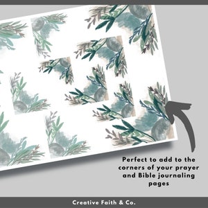 Pode incluir: Um pacote de papel digital com um padr&atilde;o repetitivo de designs de canto de aquarela com folhagem azul, verde e marrom. O texto "Perfeito para adicionar aos cantos de suas ora&ccedil;&otilde;es e seu di&aacute;rio da B&iacute;blia" e "Creative Faith & Co." est&atilde;o inclu&iacute;dos na imagem.