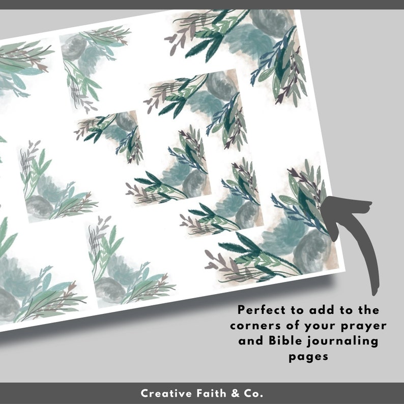 Pode incluir: Um pacote de papel digital com um padr&atilde;o repetitivo de designs de canto de aquarela com folhagem azul, verde e marrom. O texto "Perfeito para adicionar aos cantos de suas ora&ccedil;&otilde;es e seu di&aacute;rio da B&iacute;blia" e "Creative Faith & Co." est&atilde;o inclu&iacute;dos na imagem.